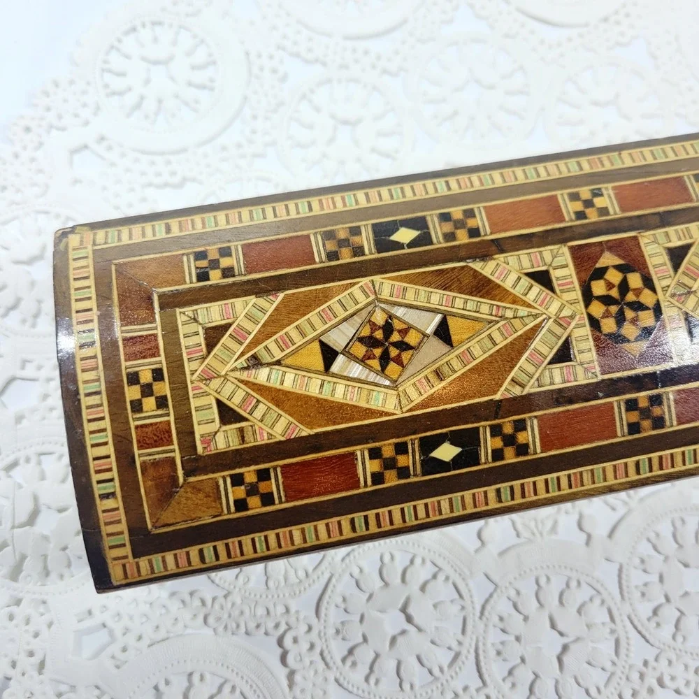 Middle Eastern Marquetry Mosaic Inlaid Wood Box Jewelry Pens Trinkets
